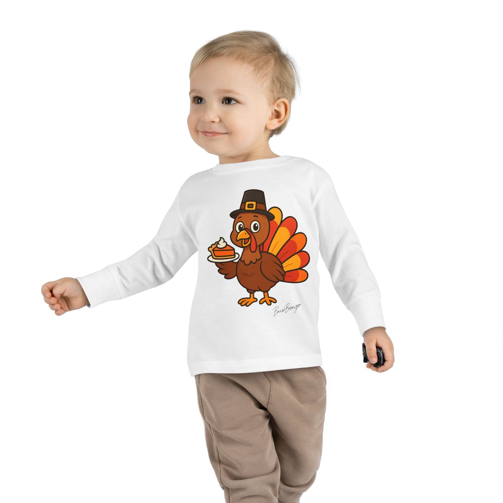 Cute Thanksgiving Turkey Holding Pumpkin Pie Toddler Tee - Image 3