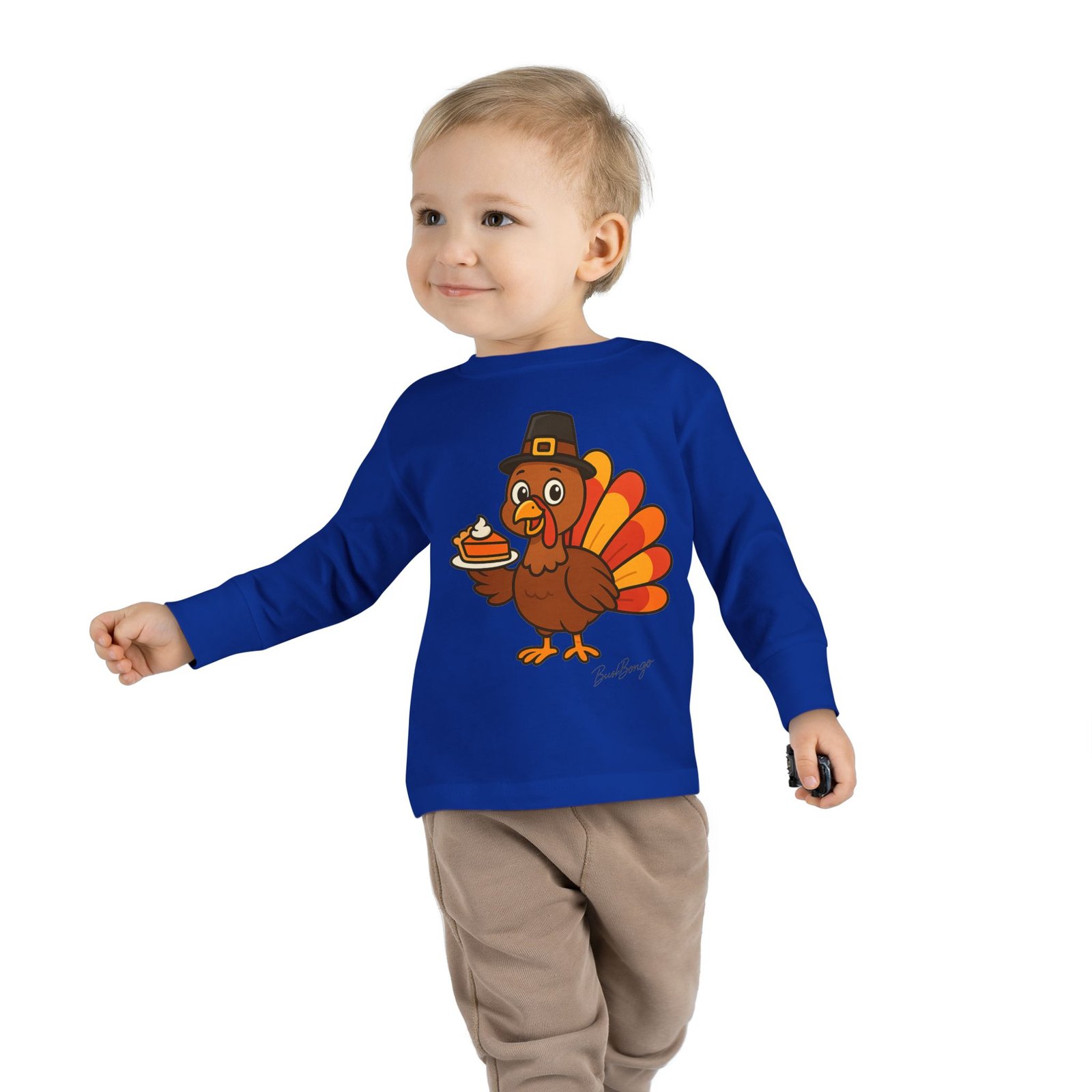 Cute Thanksgiving Turkey Holding Pumpkin Pie Toddler Tee - Image 11