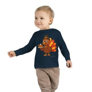 Cute Thanksgiving Turkey Holding Pumpkin Pie Toddler Tee - Image 19