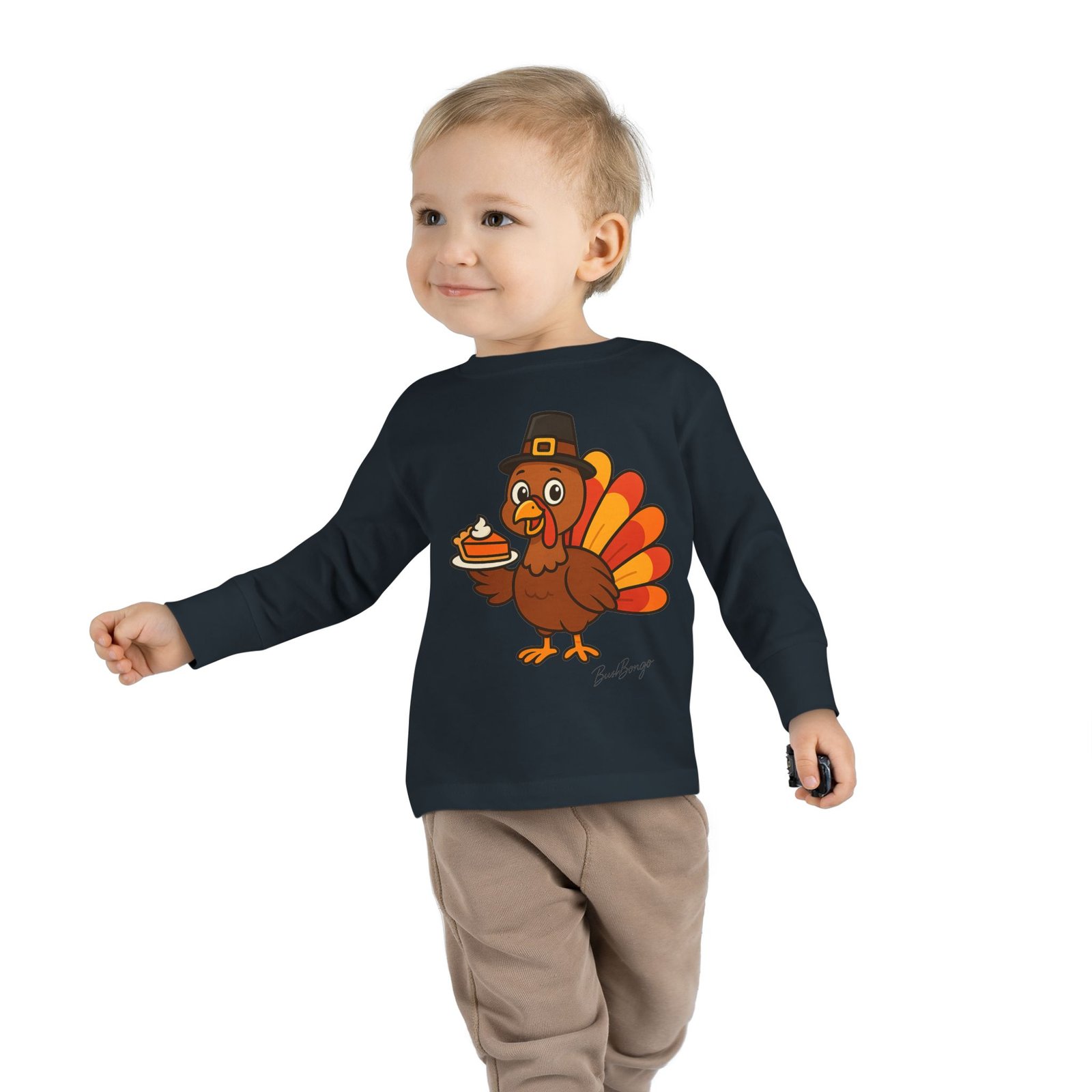 Cute Thanksgiving Turkey Holding Pumpkin Pie Toddler Tee - Image 15
