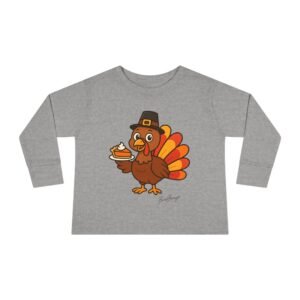 Cute Thanksgiving Turkey Holding Pumpkin Pie Toddler Tee - Image 5