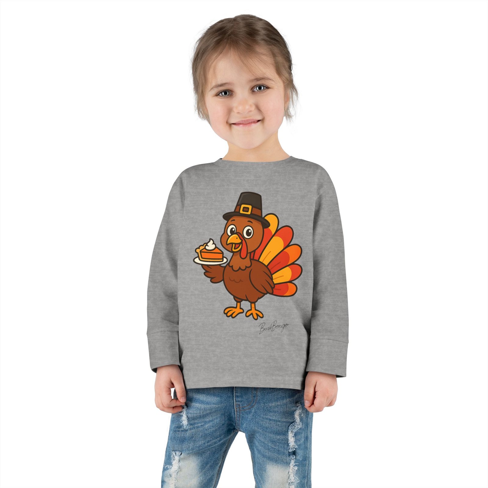 Cute Thanksgiving Turkey Holding Pumpkin Pie Toddler Tee - Image 8