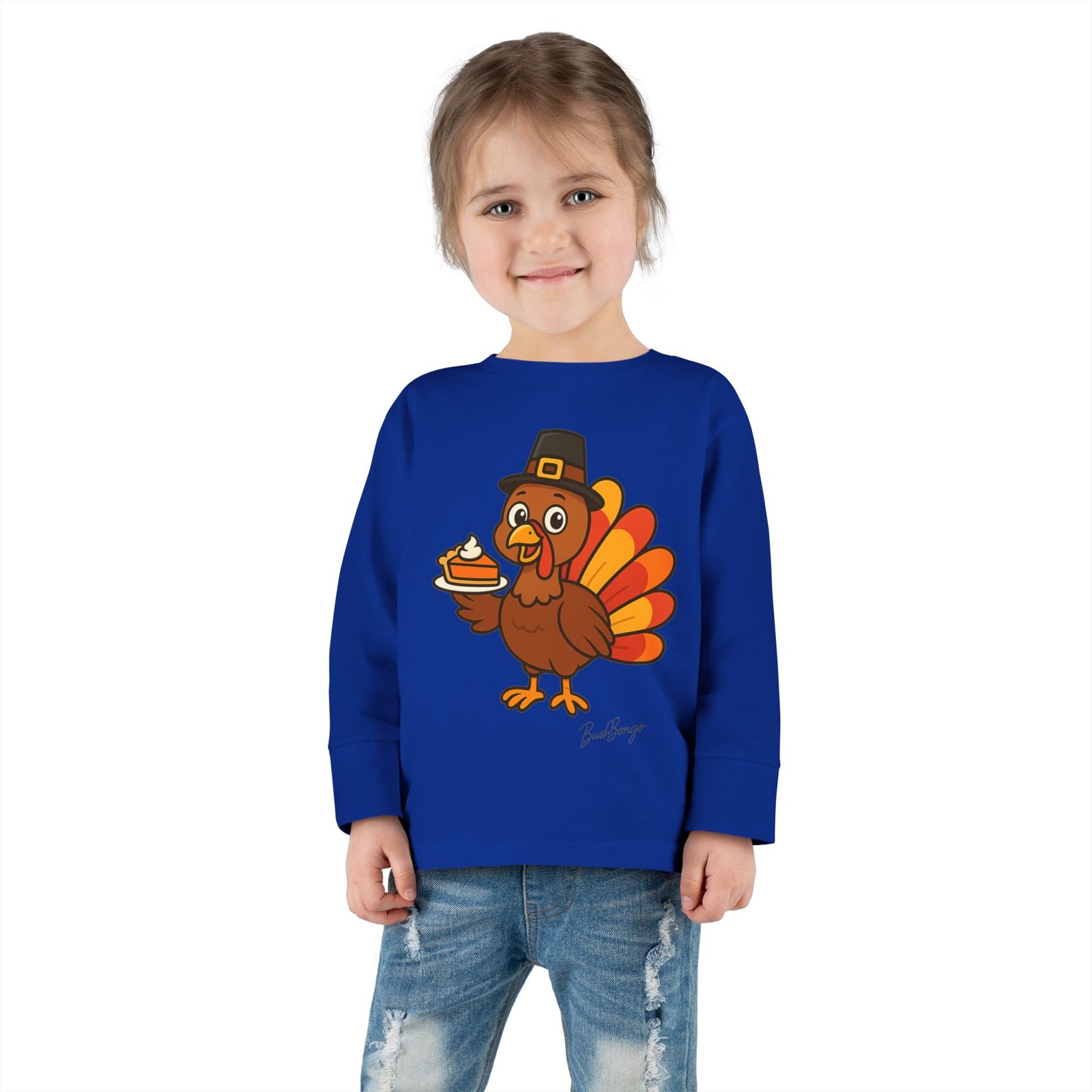 Cute Thanksgiving Turkey Holding Pumpkin Pie Toddler Tee - Image 12