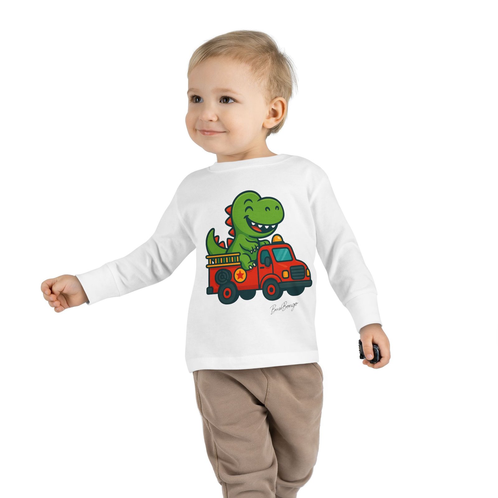 Funny Dino Riding Fire Truck Toddler Tee - Image 3