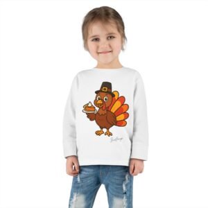 Cute Thanksgiving Turkey Holding Pumpkin Pie Toddler Tee - Image 4
