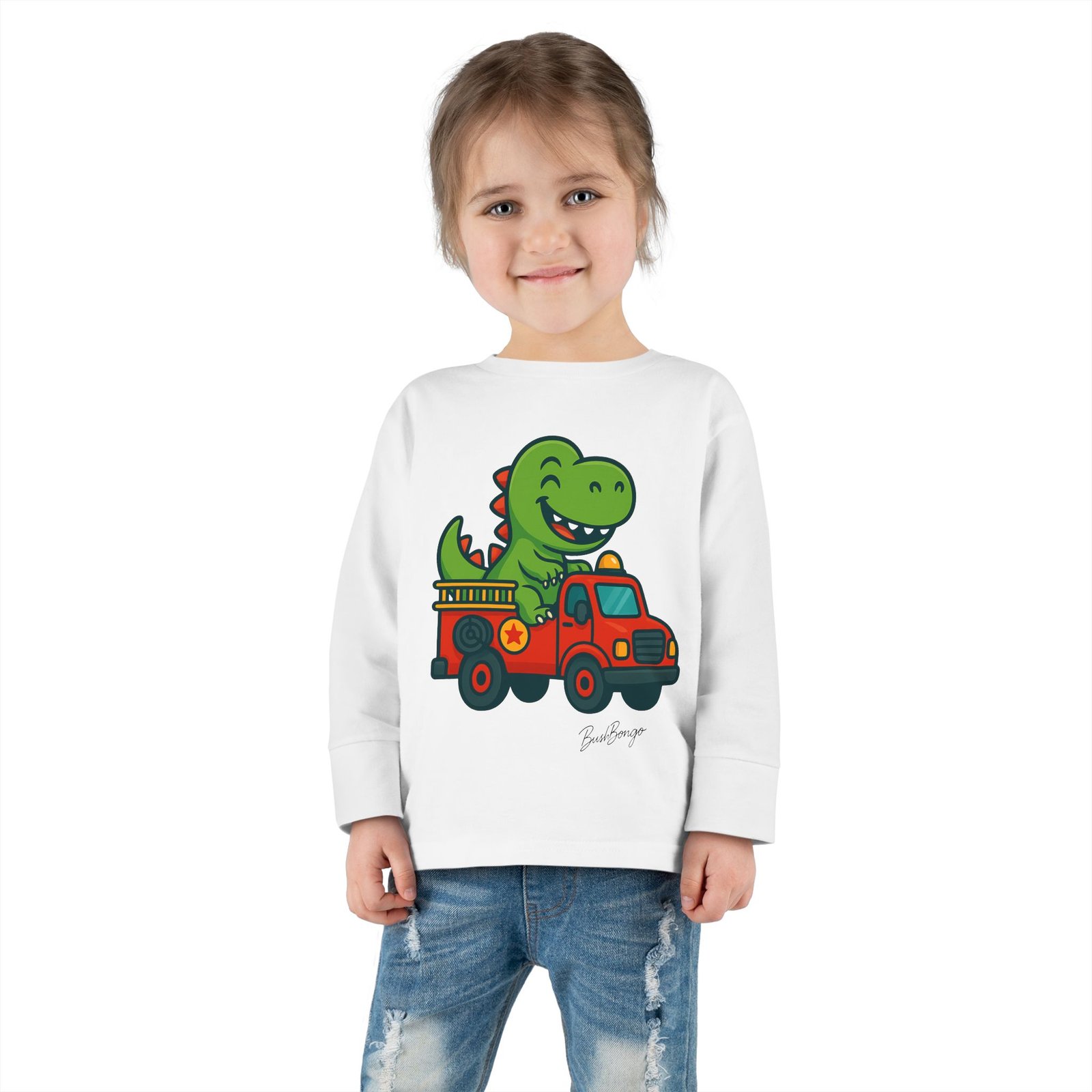 Funny Dino Riding Fire Truck Toddler Tee - Image 4