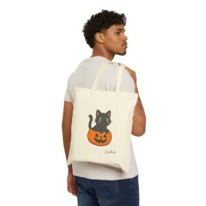 Halloween Spooky Cat Pumpkin Cotton Canvas Bag - Image 3