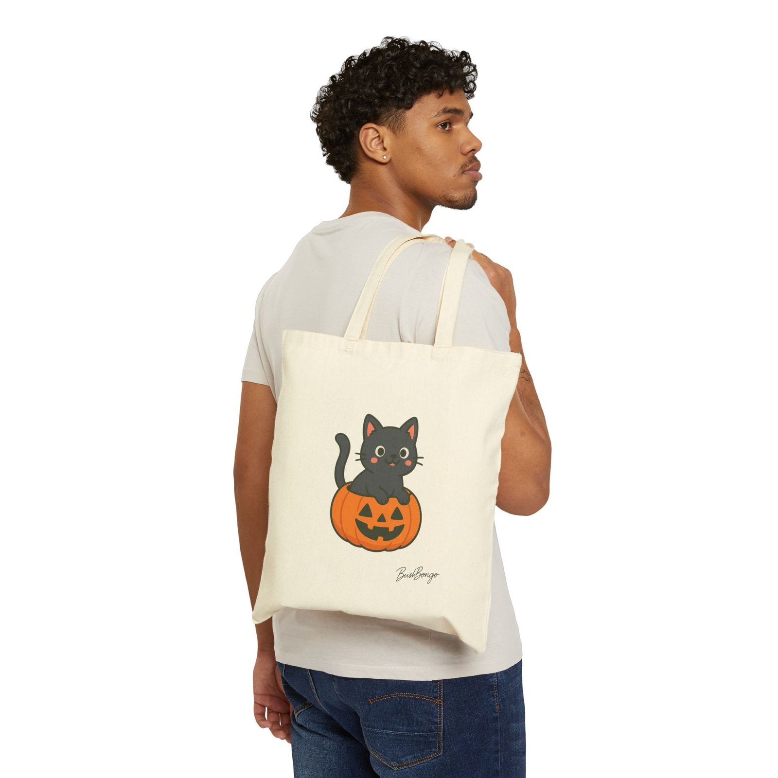 Halloween Spooky Cat Pumpkin Cotton Canvas Bag - Image 3